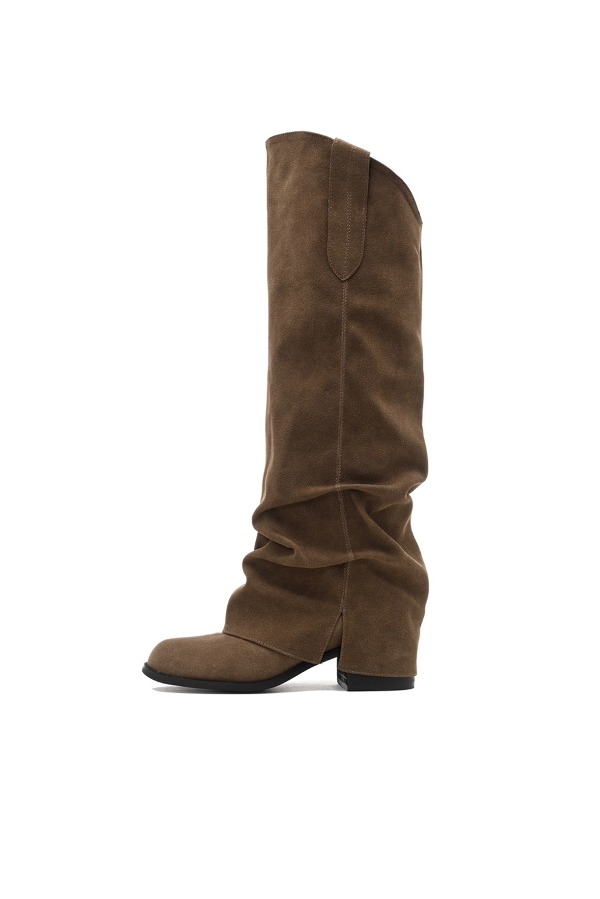 brown shirring long boots